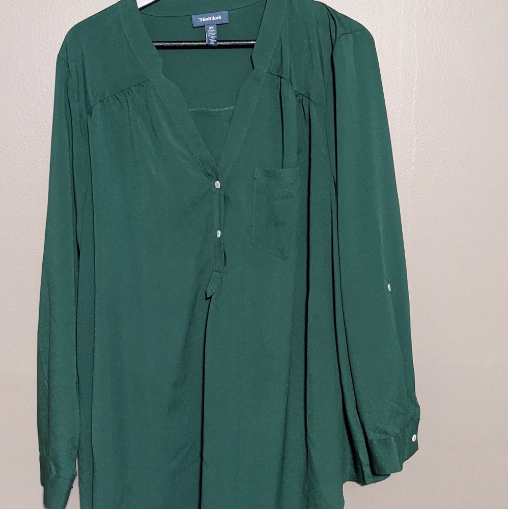 ModCloth 2X Emerald Green Long Sleeve Button Up